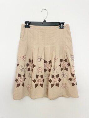Ann Taylor Loft Womens Skirt Size 2 Beige Brown Embroidered Floral Pleated Lined